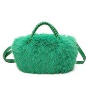 Fontanella Fashion Women's Mochi Sparkling Faux Fur Top Zip Closure Handbag with Braided Handle in Emerald