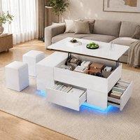 STILVORA Coffee Table with LED, Drawers & Storage Ottomans in White