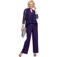 Amber Women's Three Piece Lace Trim Top & Trouser Co-Ord Set in Purple | Size: 16R