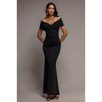 Goddiva Women's Pleated Bardot Wrap Mermaid Maxi Dress in Black | Size: 18