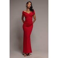 Goddiva Women's Pleated Bardot Wrap Mermaid Maxi Dress in Red | Size: 16