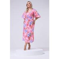 Yours Women's Floral Linen Look Wrap Dress in Pink | Size: 30-32