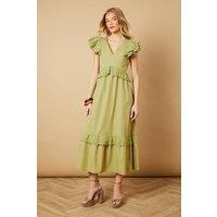 Oasis Women's Broderie Panel Ruffle Maxi Dress in Khaki | Size: 8