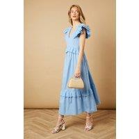 Oasis Women's Broderie Panel Ruffle Maxi Dress in Pale Blue | Size: 16
