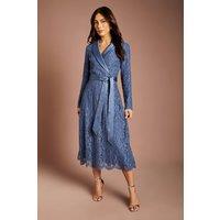 Coast Women's Lace Long Sleeve Midi Dress With Satin Belt in Dusty Blue | Size: 18