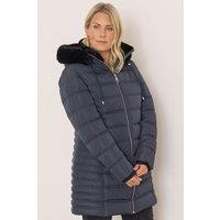 Klass. Women's Padded Hooded Faux Fur Trimmed Coat in Navy | Size: XL