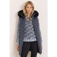 Klass. Women's Padded Hooded Faux Fur Trimmed Gilet in Navy | Size: Small