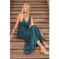 Klass. Women's Sleeveless Sequinned Mesh Maxi Dress in Dark Green | Size: 16