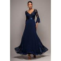 Goddiva Women's Scalloped Lace Bodice Pleated Chiffon A Line Maxi Dress in Navy | Size: 6