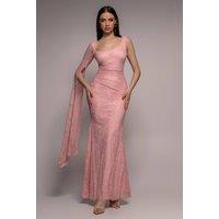 Goddiva Women's One Shoulder Cape Sleeve Pleated Lace Maxi Dress in Light Pink | Size: 14