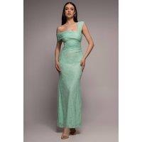 Goddiva Women's One Shoulder Pleated Bardot Lace Maxi Dress in Mint | Size: 12