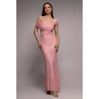 Goddiva Women's One Shoulder Pleated Bardot Lace Maxi Dress in Light Pink | Size: 14