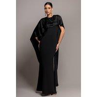 Goddiva Women's Scoop Neck Velvet Satin Cape Sleeve Maxi Dress in Black | Size: 12