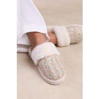 Where's That From Women's 'Snuggle' Slip On Sequin Slippers With Fur Trim in Beige | Size: 3