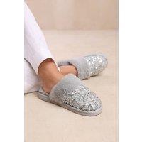 Where's That From Women's 'Snuggle' Slip On Sequin Slippers With Fur Trim in Grey | Size: 6