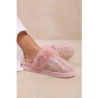 Where's That From Women's 'Snuggle' Slip On Sequin Slippers With Fur Trim in Pink | Size: 7