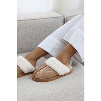 Where's That From Women's 'Cassia' Snake Print Mule Slippers with Faux Fur Trim in Camel | Size: 7