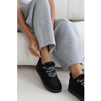 Where's That From Women's 'Mireya' Suede Low Top Trainer With Mesh Panel & Faux Fur Lining in Black | Size: 3