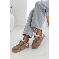 Where's That From Women's 'Mireya' Suede Low Top Trainer With Mesh Panel & Faux Fur Lining in Camel | Size: 6