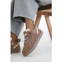 Where's That From Women's 'Xavia' Suede Low Top Trainer Slipper With Faux Fur Lining in Camel | Size: 6