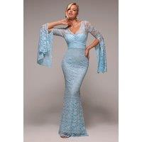 Goddiva Women's Cape Sleeve Lace Mermaid Hem Maxi Dress in Light Blue | Size: 10