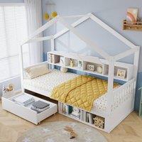 Rolipo 3ft Single Children's Wooden House Bed with Storage & Guardrail in White | Size: Double