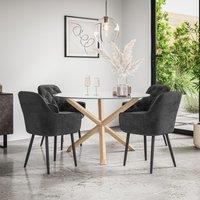 More4Homes Malvern Round Dining Table & Chairs - Clear Glass Table Top w Solid Oak Legs + Anika Velvet Dining Chair Set Of 4 in Black