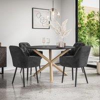 More4Homes Malvern Round Dining Table & Chairs - Black Table Top w Solid Oak Legs + Anika Velvet Dining Chair Set Of 4