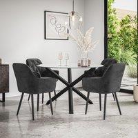 More4Homes Malvern Round Dining Table & Chairs - Clear Glass Table Top w Solid Oak Black Legs + Anika Velvet Dining Chair Set Of 4