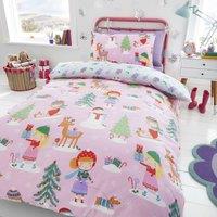 Happy Linen Company Kids Girls Festive Christmas Tree Reversible Duvet Cover Bedding Set in Pink | Size: Double
