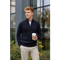 MODISHION Men's Fashion Pullover Sweater with Partial Zipper in Dark Navy | Size: XL