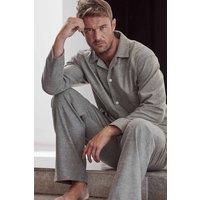 British Boxers Men's 'Whitby Jet' Herringbone Brushed Cotton Pyjama Set in Dark Grey | Size: Medium