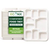 ECONX 9 Compartment Dinner Plates Bagasse Paper Trays Disposable Party Plate in White | Size: 50 Pieces