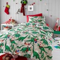 Happy Linen Company Christmas Dinosaur Glow In The Dark Reversible Duvet Cover Bedding Set in Taupe | Size: Double