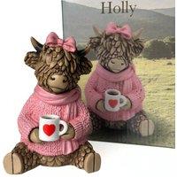 Animal Crackers Holly With A Cuppa, Hughie Highland Cow Range Collectable Figurine in Brown