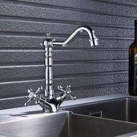 Nes Home Victorian Traditional Twin Cross Handle Kitchen Sink Mono Mixer Tap in Silver