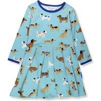 Toby Tiger Dog Print Long Sleeved Skater Dress in Blue | Size: 3-4 Years