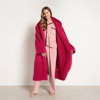 OHS Teddy Fleece Long Dressing Gown Warm House Coat Hooded in Dark Pink