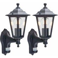 First Choice Lighting Set of 2 Black Six Sided Lantern Motion Sensor Outdoor Security Lights