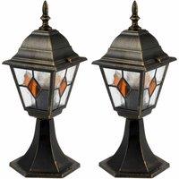 First Choice Lighting Set of 2 Black Brushed Gold Outdoor Lantern Pedestal Post Light