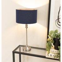 ValueLights Maggie Brushed Chrome Candlestick Slim Table Lamp Fabric Drum Lamp Shade in Navy