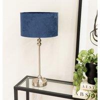 ValueLights Maggie Brushed Chrome Candlestick Slim Table Lamp with Velvet Drum Lamp Shade in Navy