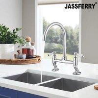 JASSFERRY Traditional Bridge Mixer Tap White Ceramic Lever Kithcen in Silver
