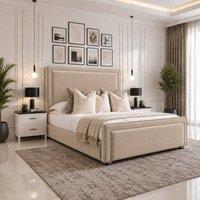 SOFT SNOOZE BEDS Velmora Upholstered Divan Ottoman Storage Bed With Headboard in Beige | Size: Small Double