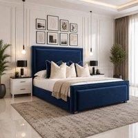 SOFT SNOOZE BEDS Velmora Upholstered Divan Ottoman Storage Bed With Headboard in Blue | Size: Double