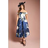 Coast Women's Printed Bardot Twill Midi Dress With Lace Insert in Navy | Size: 14