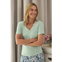 WoolOvers Women's Short Sleeve Rib Henley Top in Duck Egg Blue | Size: Small