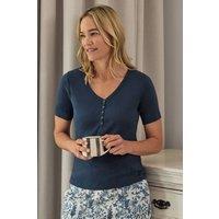 WoolOvers Women's Short Sleeve Rib Henley Top in Navy | Size: Medium