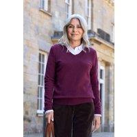 WoolOvers Women's Cashmere & Merino V Neck Knitted Jumper in Plum | Size: Small