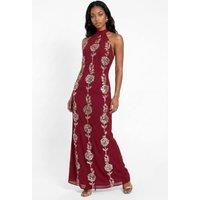 Maya Deluxe Women's Floral Embellishment Halter Neck Open Back Maxi Dress in Dark Red | Size: 8
